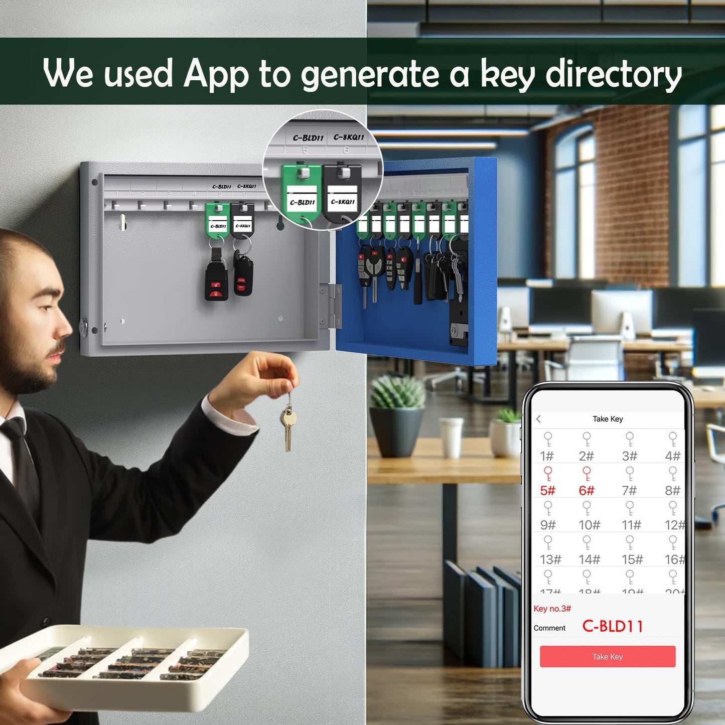 WeHere 16 Key Lock Box Wall Mount, APP Bluetooth/One Time Password Share/Wi-Fi Remote/Fixed Code/Key Unlock, Smart Key Cabinet, Key Organizer Box for Apartment, Hotel, Office, House Key Manage