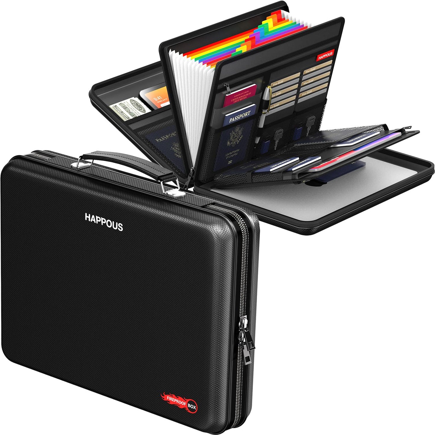 HAPPOUS Fireproof Document Organizer, Expanding File Organizer with 13 Pockets, Portable Fireproof Document Box Hard-Shell Document Organizer Storage for Documents Laptop Passports Cards Black