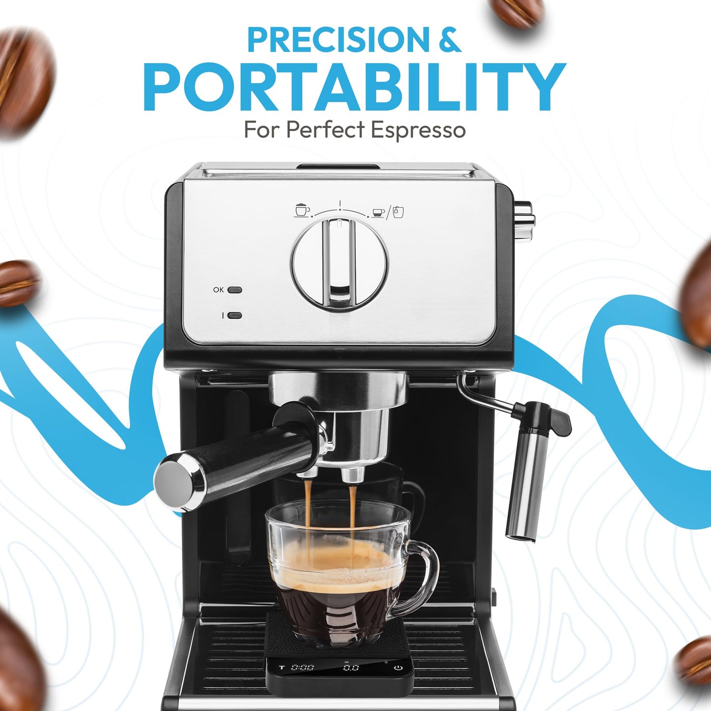 Mini Coffee Scale with Timer – Digital Barista Weight Scale with Designer-Patterned Tamper Mat, 0.1g High Precision, Portable & Rechargeable for Espresso, Pour Over, Drip, and Kitchen Brewing Use