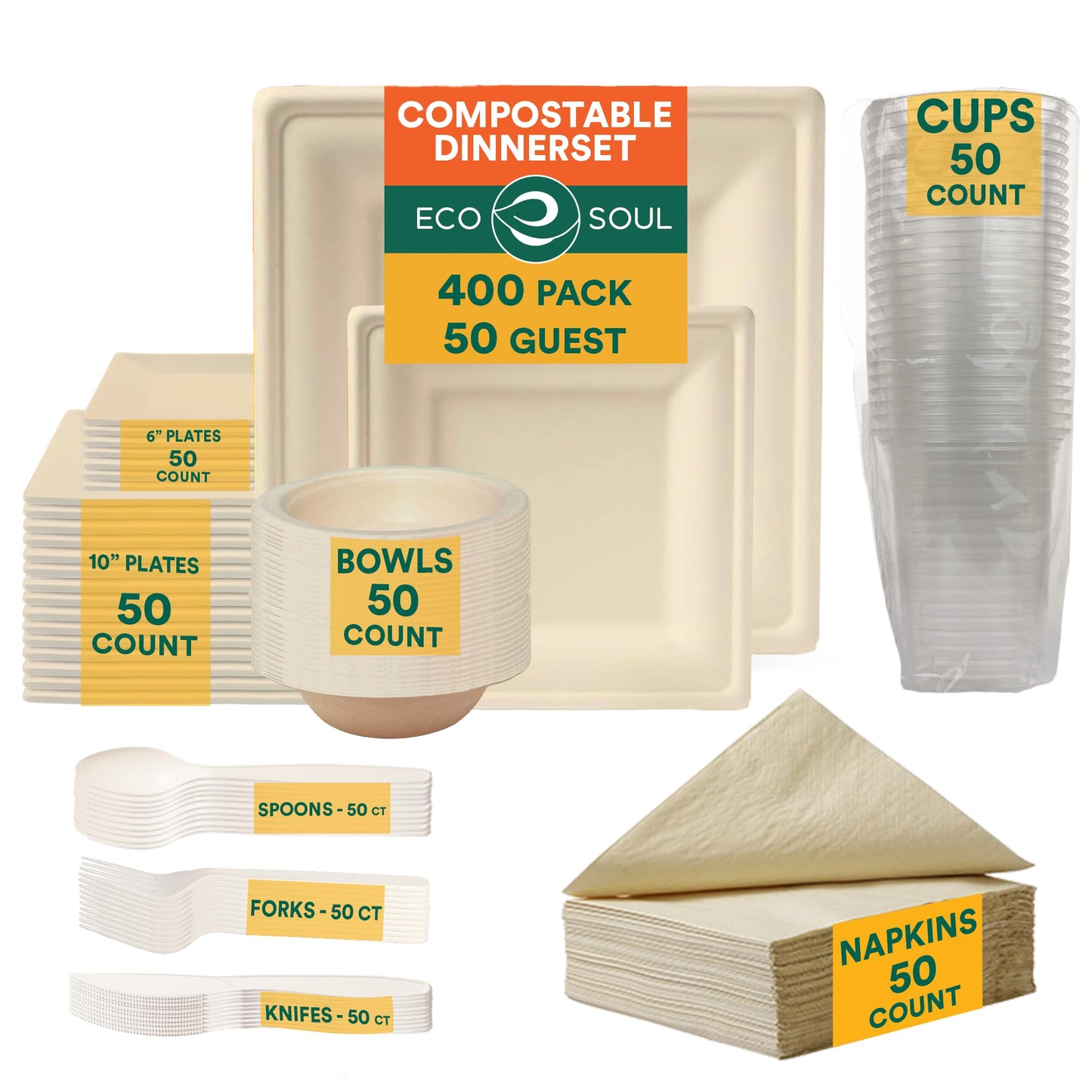 EcoSoul Disposable Paper Plates Pack of 400 (for 50 guest) Compostable Dinnerware set, Bowls, Heavy-duty Utensil, Biodegradable Napkins, Eco-friendly Sugarcane Set for Party Camping