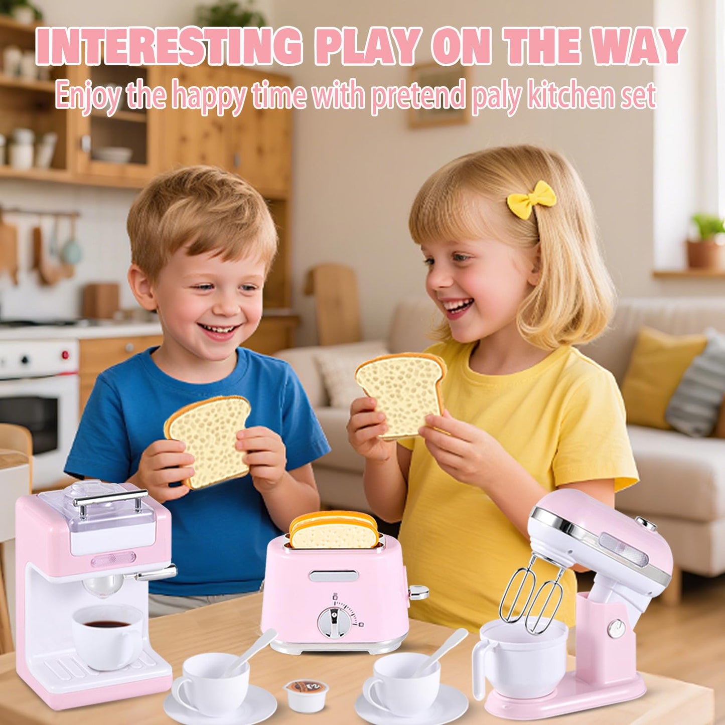 Ehome Play Kitchen Toys Kids Kitchen Accessories Pretend Play Kitchen Appliances Toy Set with Coffee Maker, Mixer, Toaster for Kids Toddler Kitchen Playset Ages 4 5 6 7 8 Girls