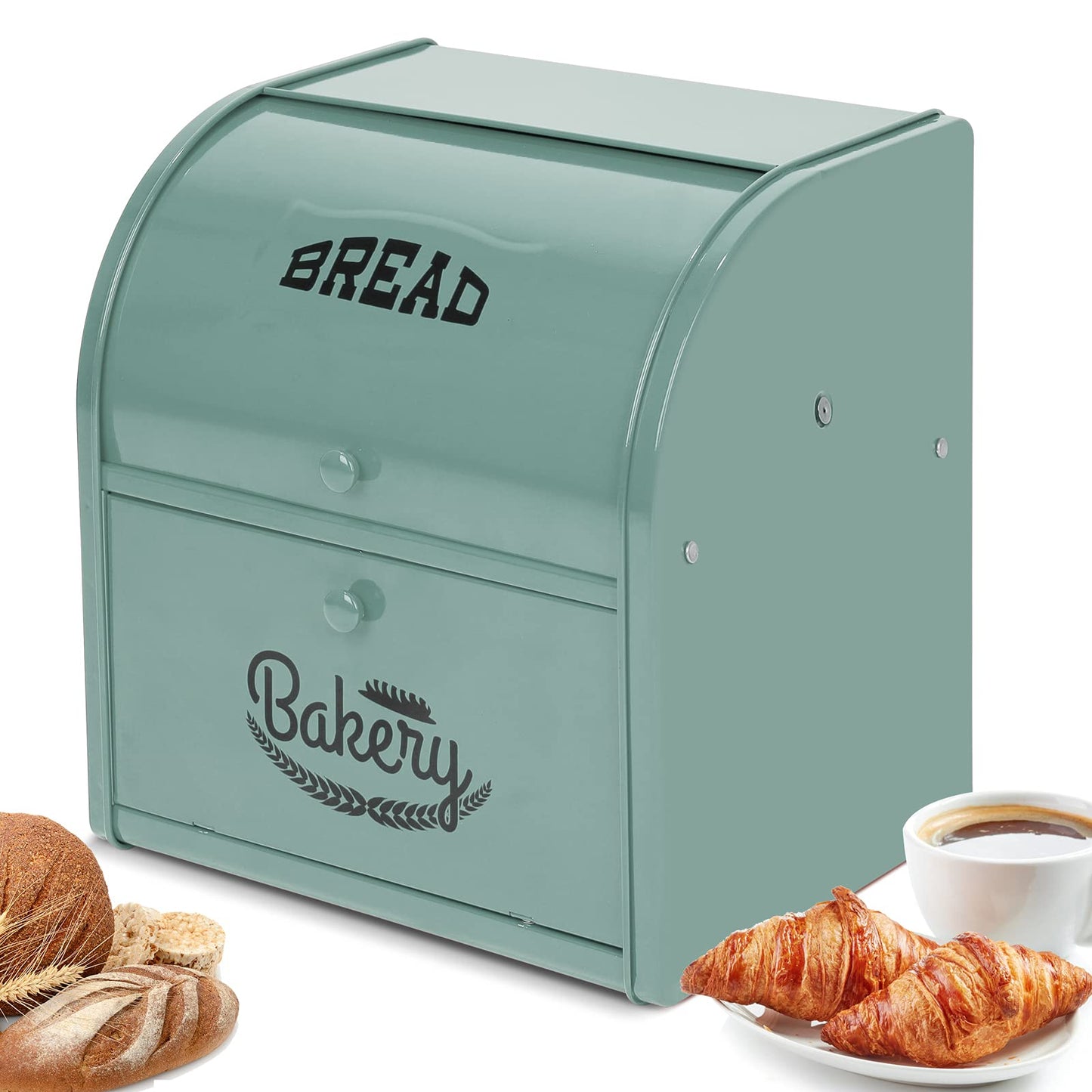 Pitmoly Stainless Steel Bread Box, 2 Layer Roll Top Bread Boxes, Large Capacity Food Storage Container for Kitchen Counter, Metal Bread Bin, Bread Holder for Countertop 11.8" x 9.6" x 12.8" (Green)
