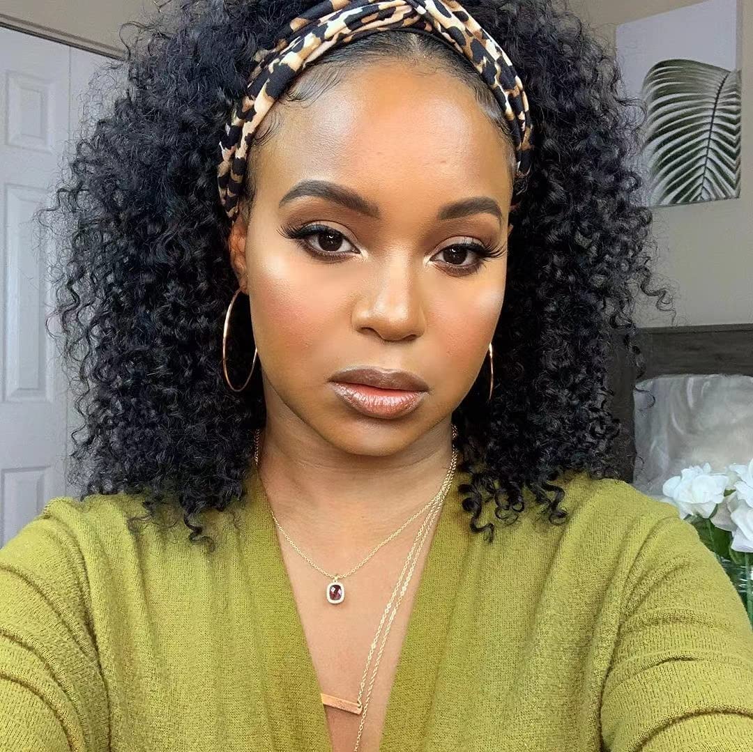 Legendhair Glueless Curly Headband Wig Human Hair Headband Wigs for Black Women Curly Wave None Lace Front Wigs with Headband Attached Machine Made Half Wigs Natural Color(14Inch)