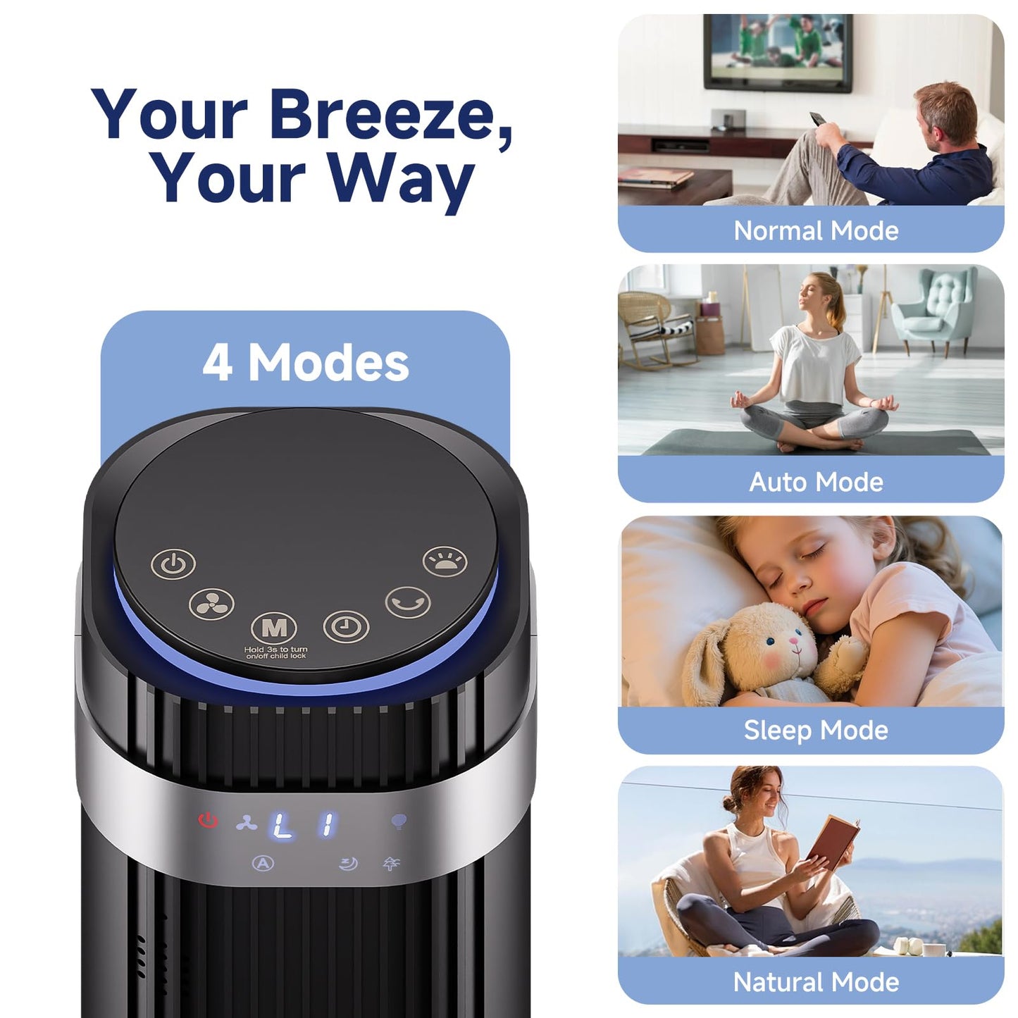 OLIXIS Tower Fan for Bedroom, 28dB Quiet Floor Standing Fan with Remote, 12H Timer, 5 Speeds, 4 Modes, LED Display, Portable Bladeless Oscillating Cooling Fan for Indoor, Home, Office - Black