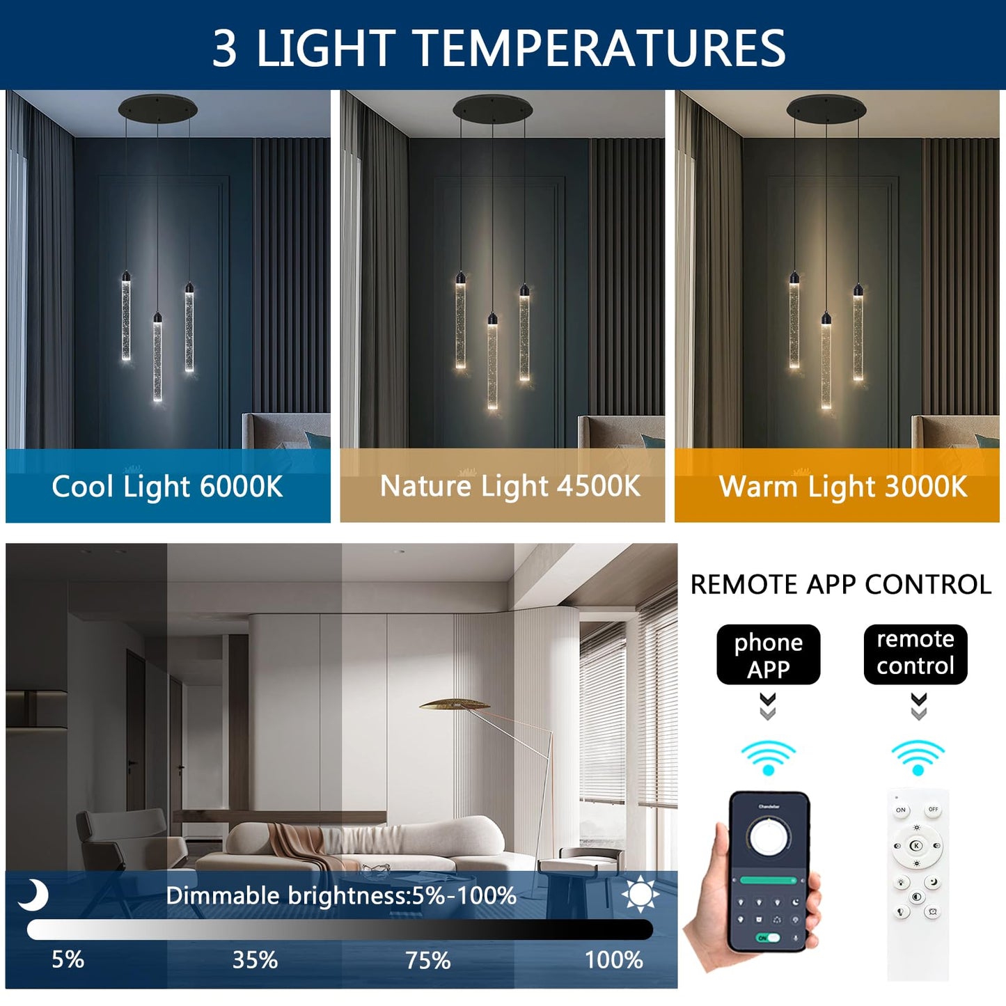 3 Light Black Pendant Lighting Mini Chandelier for Kitchen Island Modern Crystal LED Pendant Light Adjustable Dimmable Pendant Light Fixture for Dinning Room Bedroom Ceiling Hanging Lights 2700K 6000K