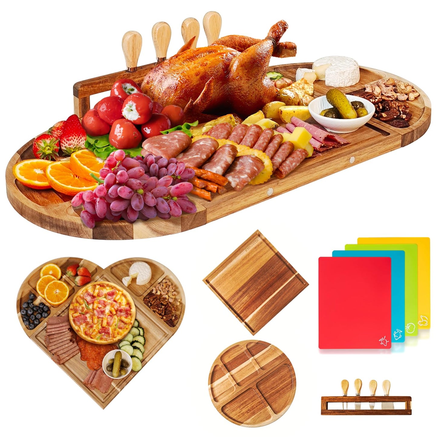KWASVLYA Magnetic Charcuterie Board Set - Acacia Wood Serving Tray & Cutting Board with Modular Design, Juice Grooves, +4 Cutting Mats & Knives, 26x13 Inch, Gift for Home/Parties