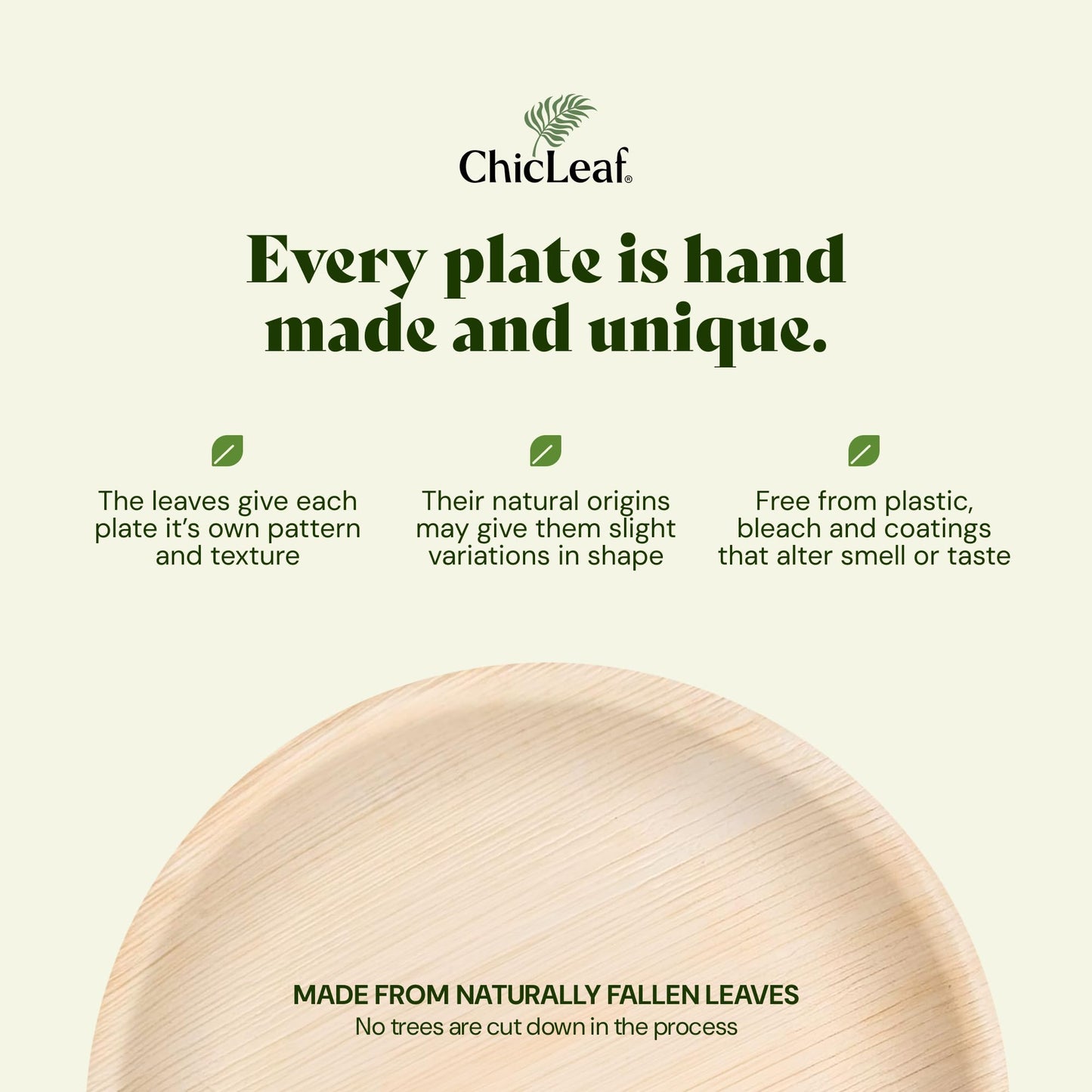 Chic Leaf Palm Leaf Plates - 10" Round - 50 Pack of 100% Compostable, Biodegradable & Disposable Bamboo Plates - Heavy Duty, Sturdy Paper Alternative for Wedding Desserts & Events