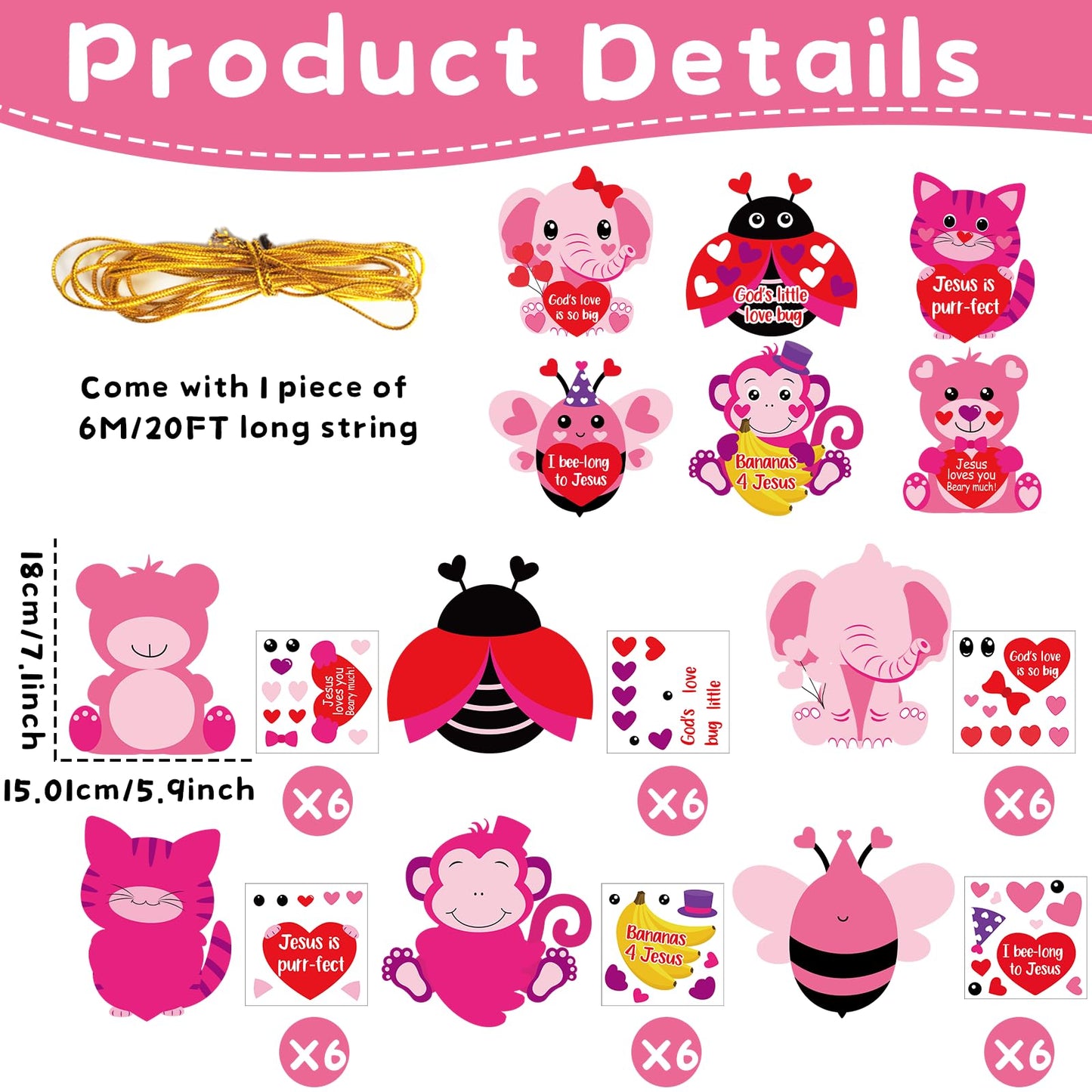 Lonfliness 36 Sets Valentine's Day Religious Animal Craft Kits for Kids Valentine's Heart Jesus Sticker Crafts Make Your Own Christian Arts Crafts for DIY Home Sunday School Classroom Activity Decor