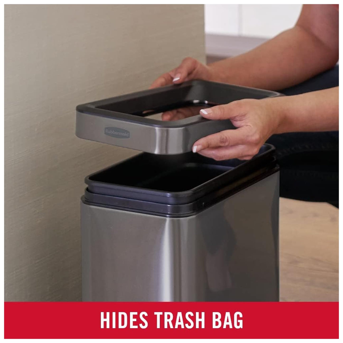 Rubbermaid 2.6-Gallon Charcoal Stainless Steel Wastebasket, Slim Space-Saving Design, Ideal for Home/Office/Bathroom