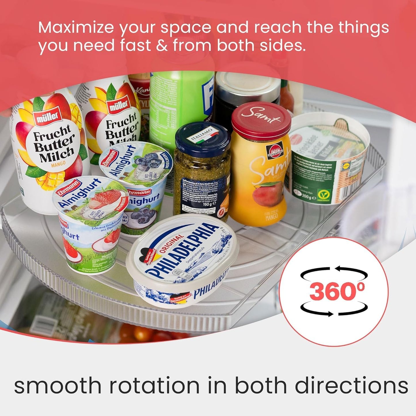 Lazy Susan for Refrigerator - 360° Turntable Refrigerator Organizer and Storage Tray for Fridge, Cabinet & Pantry - Large, Premium Rectangle Lazy Susan (15"x11"x1.3")
