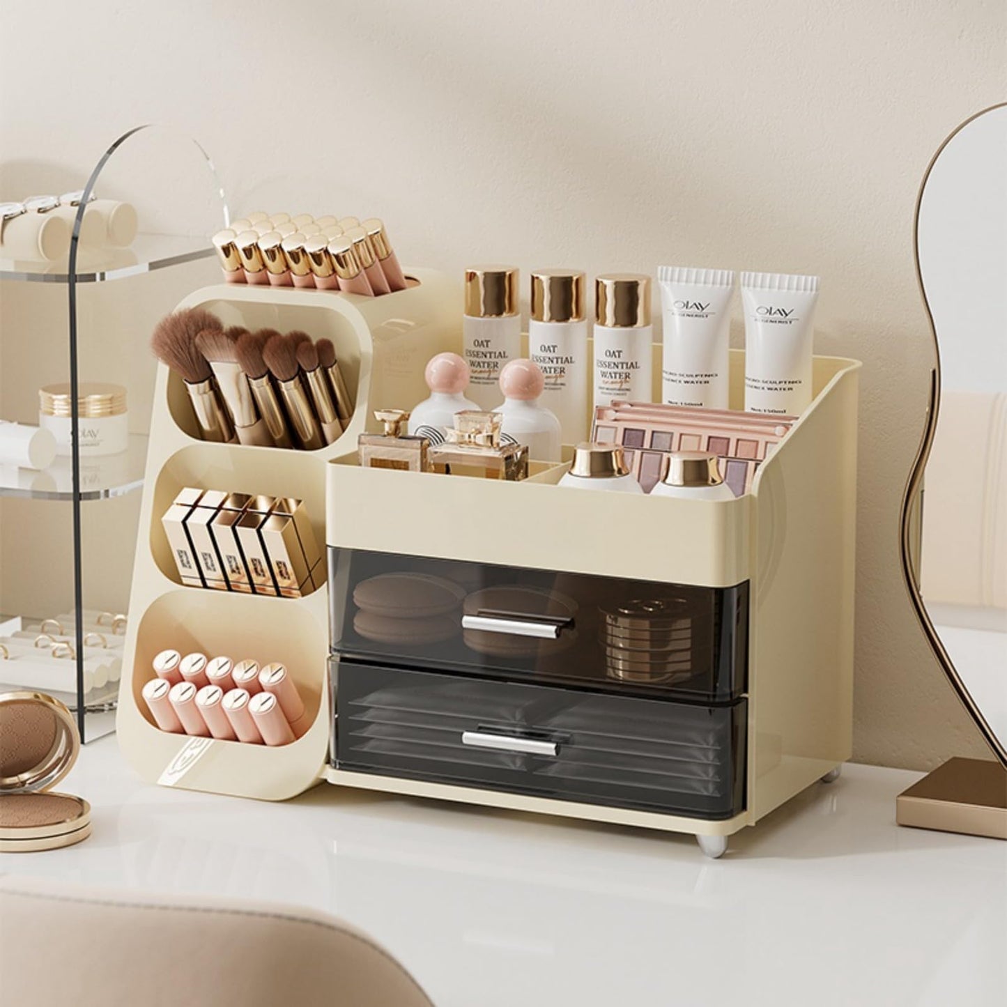 KQJS Makeup Organizer with Drawers,Large Capacity Countertop Organizer for Vanity,Bathroom and Bedroom Desk Cosmetics Organizer,Easy To Storage Skincare,Brushes, Eyeshadow, Lotions, Lipstick (Cream)