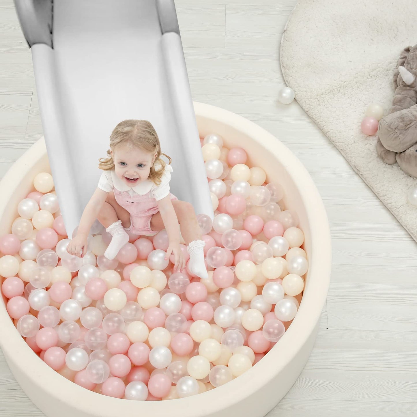 TRENDPLAY Plastic Balls for Ball Pits - Pack of 100 Hollow Balls- Safe and Exciting Playtime - Perfect for Toddler Baby Pools,Party,Festival Decoration, Pink+Beige+ Pearl White