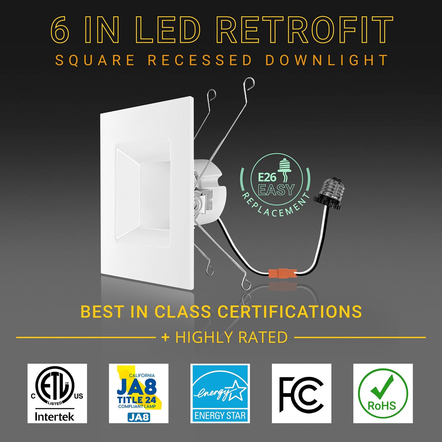 NUWATT 4 Pack, 5/6 Inch Retrofit LED Square Recessed Lighting, 5CCT 2700K/3000K/3500K/4000K/5000K Selectable, 1100 Lumens 14W, Dimmable 5/6" Square Downlight, 6in Square Can Light, Wet Rated, ETL, T24