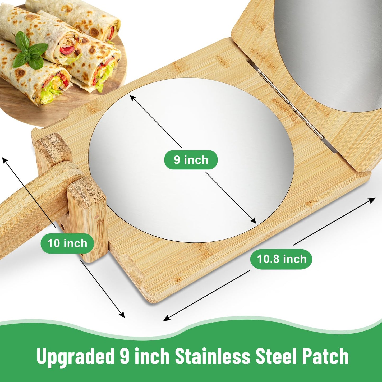Wooden Tortilla Press, 10 inch Roti Maker and Tortilladora with Stainless Steel Patch, Tortilla Maker Press with 50 Pcs Parchment Paper, Heavy Duty Prensa Para Tortillas for Kitchen