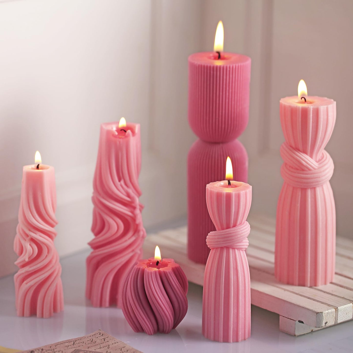 Threlaco 6 Pcs Pillar Candles Modern Aesthetic Ribbed Decorative Candle Set Cute Soy Wax Scented Ribbed Decor for Home(Pink,2.36-6.89 Inch)