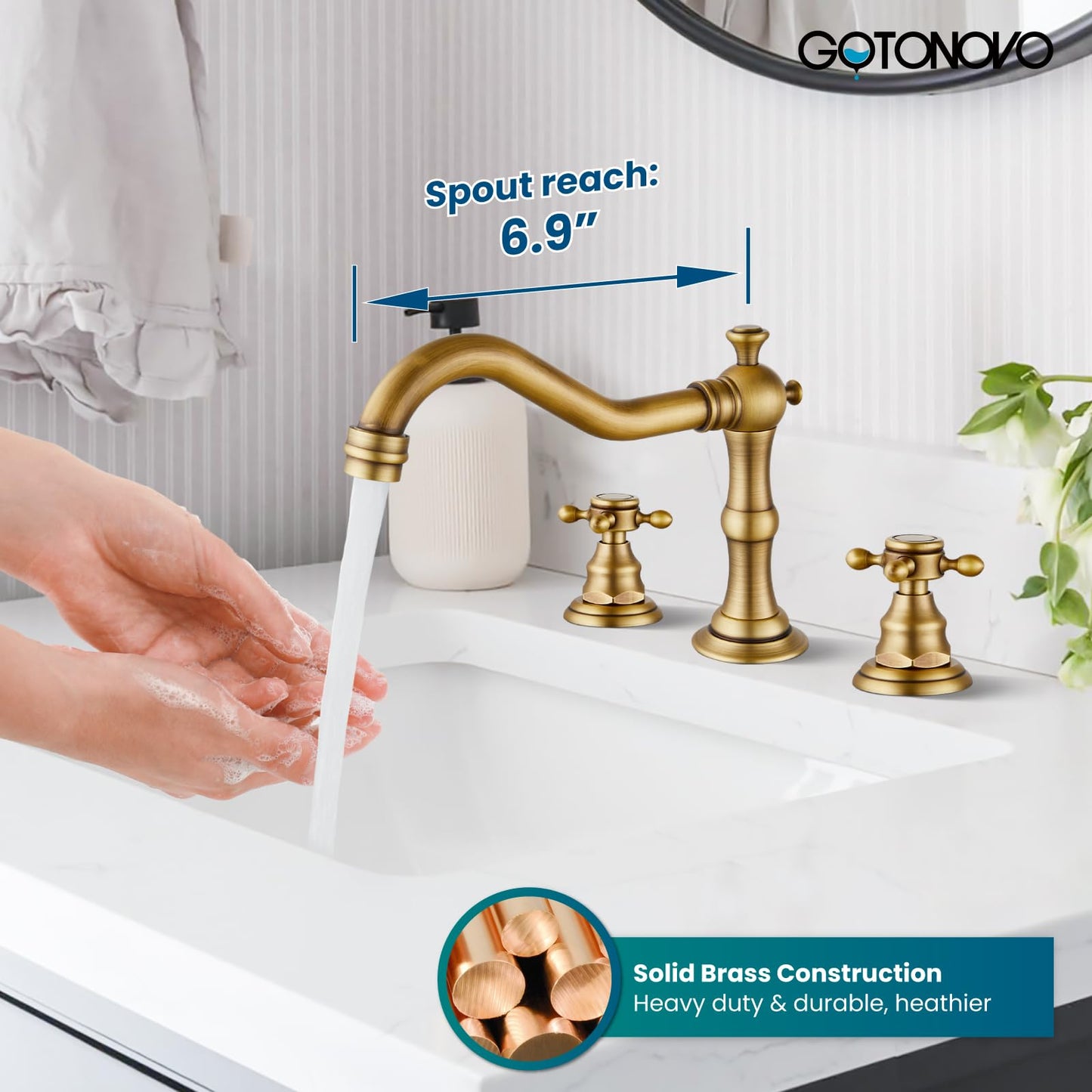 gotonovo 3 Hole Widespread Bathroom Sink Faucet Double Cross Handle Mixer Tap Faucet for Bathroom Sink Vanity Faucet Deck Mount Basin Hot Cold Water Matching Pop Up Drain Antique Brass