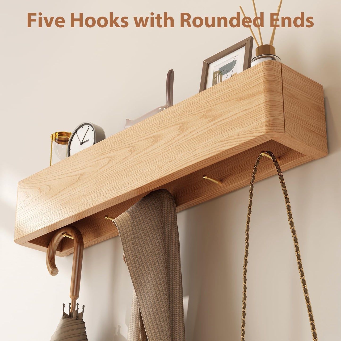 CycleCrew Solid Wood Wall Mounted Coat Rack with Shelf Hooks - Modern Floating Shelves with 5 Hidden Hooks, Heavy Duty Entryway Coat Key Holder Hanger for Hallway Bathroom Bedroom Home Decor