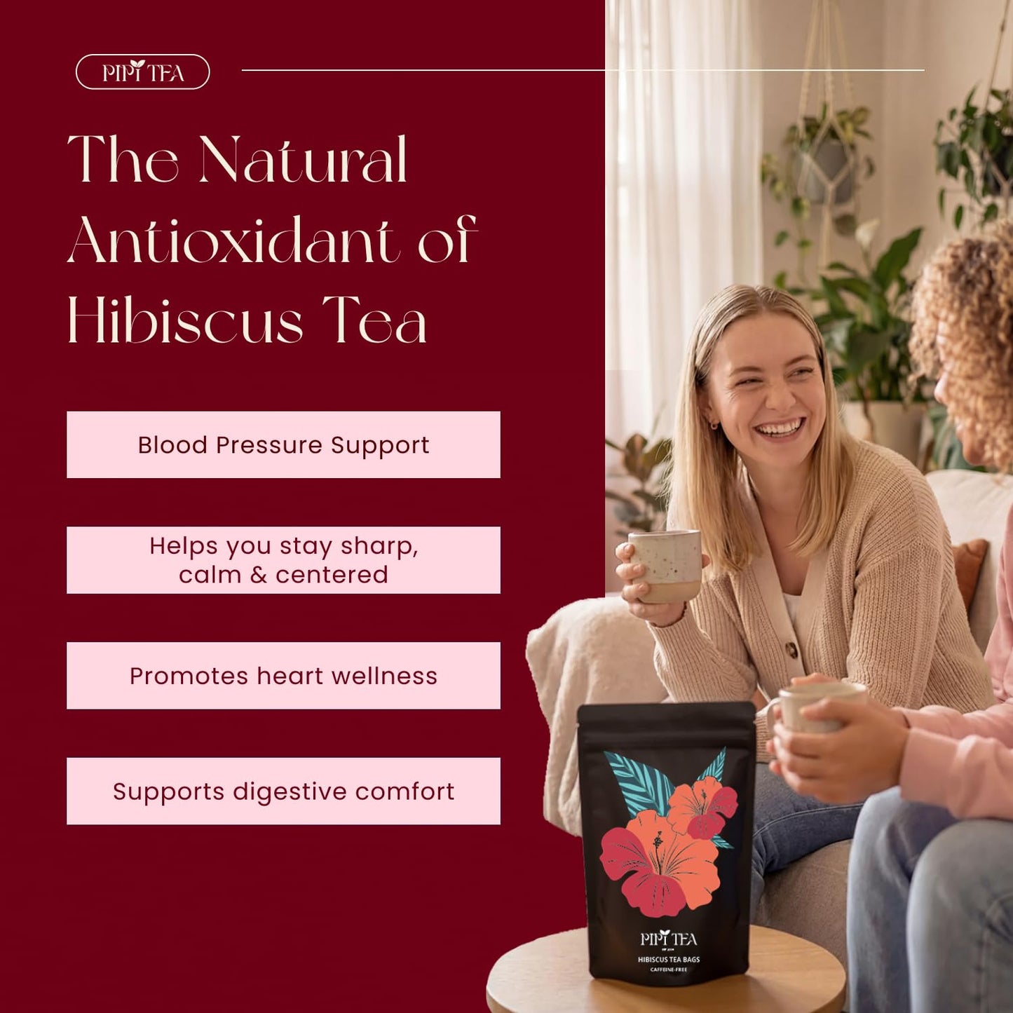 PiPi Tea Organic Hibiscus Tea Bags – Caffeine Free Herbal Tea Rich in Antioxidants, Non-GMO & Vegan, Sourced from Premium Hibiscus Flowers for Daily Wellness & Heart Health Support, 60g
