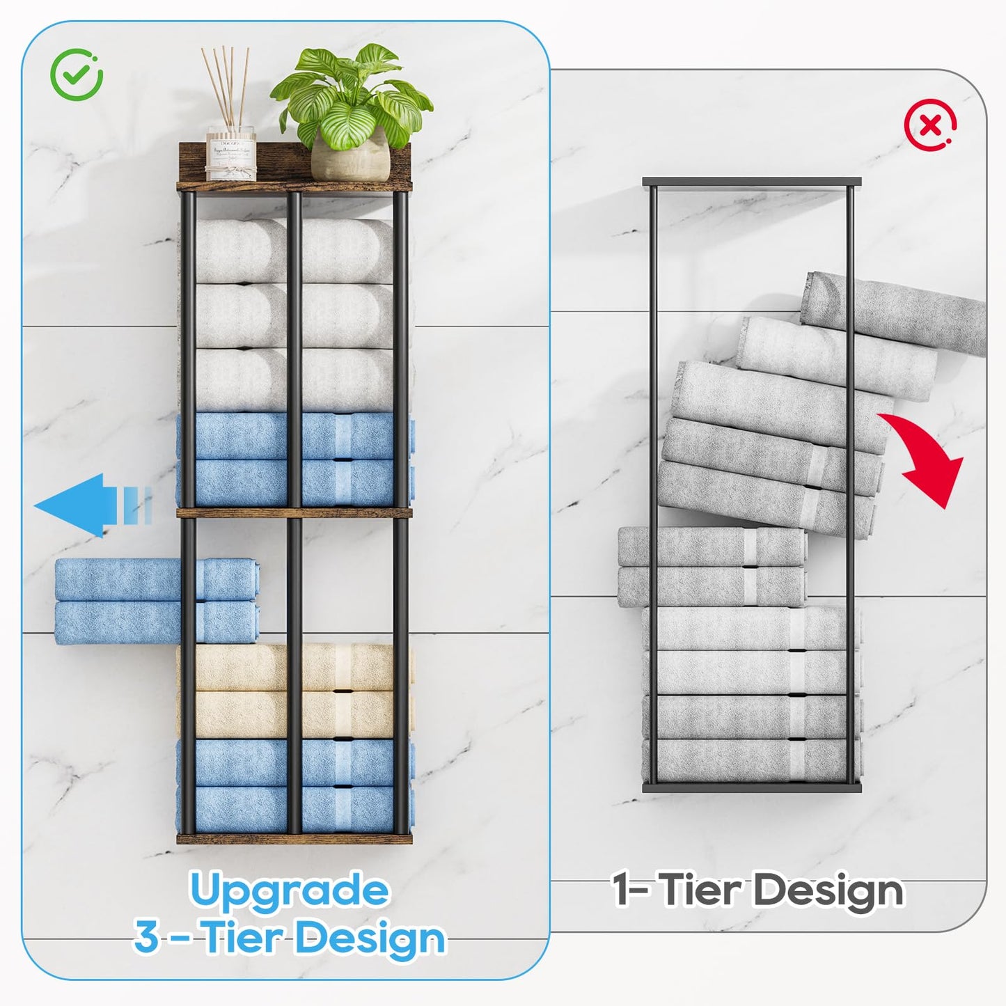 WeGXY Towel Racks for Bathroom Wall Mounted with Wooden Storage Shelf, Updated 3 Bar Metal Towel Holder for Rolled Towels, Sturdy and Large Capacity, Towel Storage Organizer