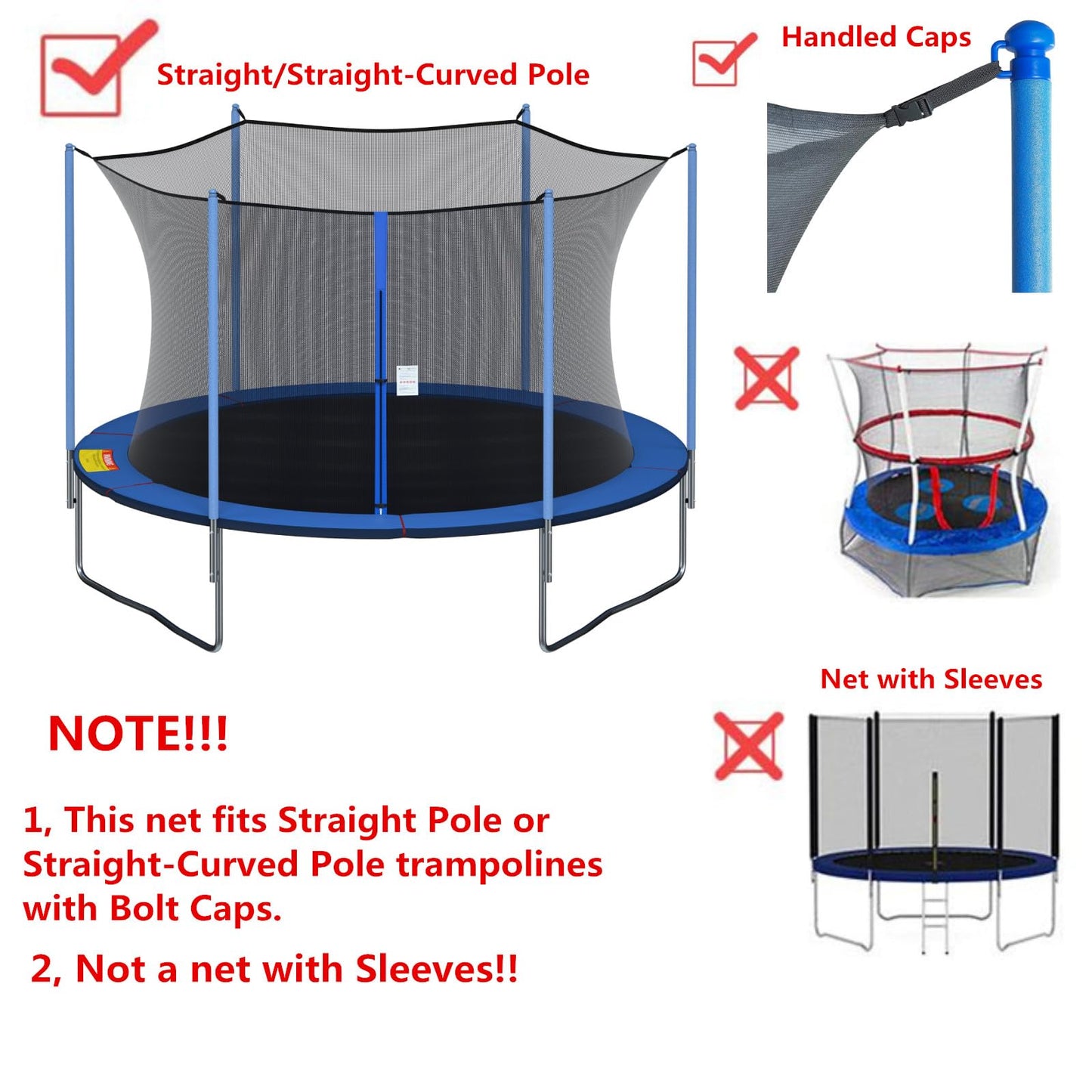 Cliselda Trampoline Net Replacement 14 ft 6 Poles, Safety Enclosure Net for 14 Foot Round Frame Trampolines, Breathable and Weather-Resistant, Adjustable Straps(Net Only,Poles not Includ)