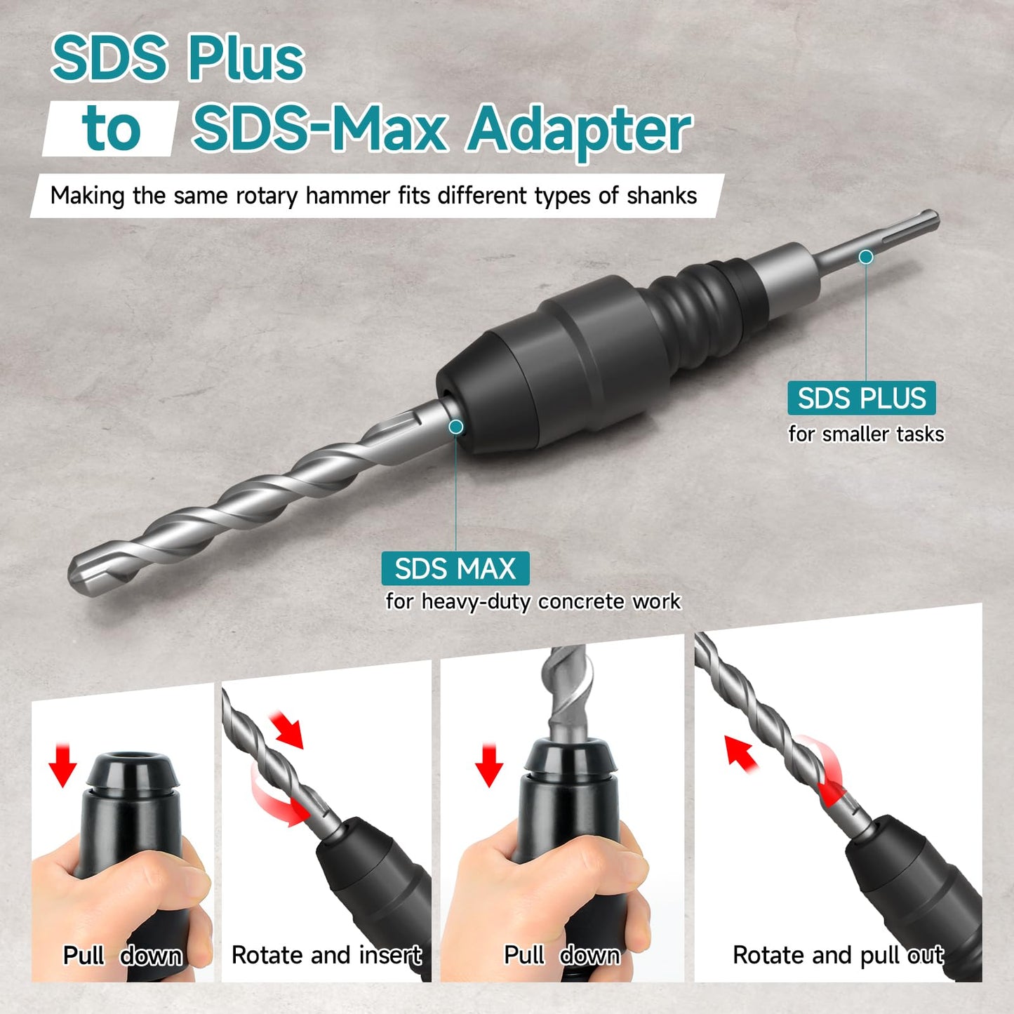 YOSIGHT SDS-Plus to SDS-Max Adapter for Rotary Hammers - 8-1/4 Inches Long Black Alloy Steel Adapter