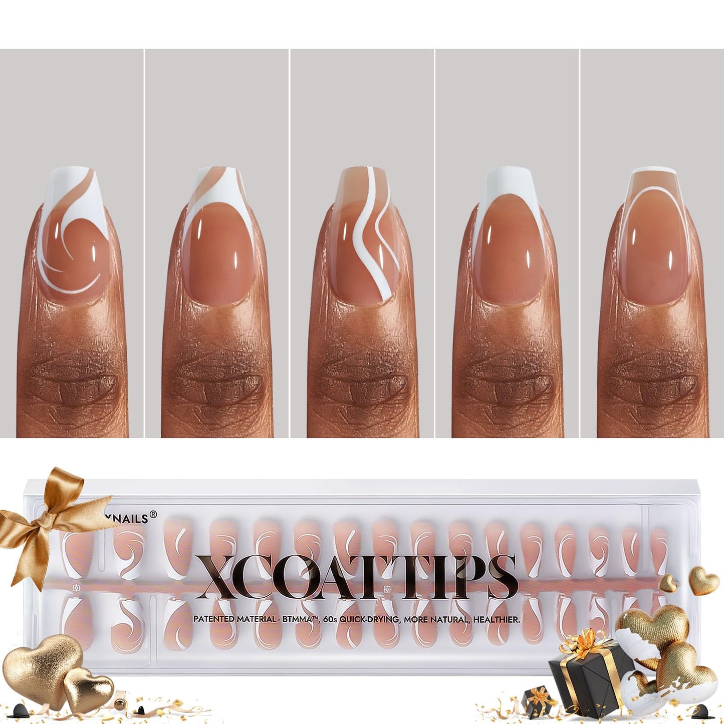 BTArtbox French Tip Press on Nails - 5 Styles XCOATTIPS Short Coffin Nails, Pre-Designed Swirl Soft Gel Nail Tips, Ultra Fit False Nails, Soak Off Acrylic Fake Nails Extensions for Valentines Day Gift