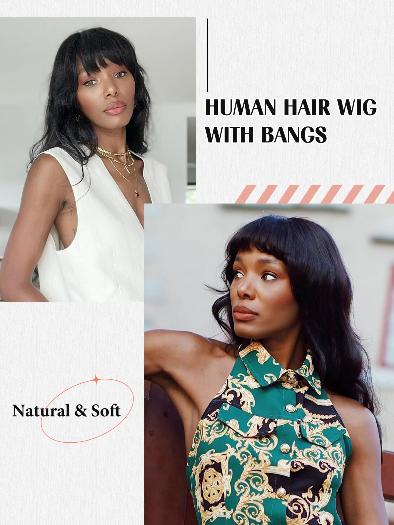 WIGNEE Natural Wave Wigs with Bangs 100% Brazilian Human Hair Fashion Wave Wigs Natural Black (14 Inch)