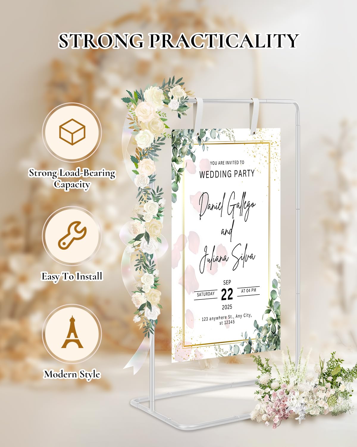 RARTOP Elegant White Wedding Easel Stand, Adjustable 30x20x68 in Welcome To Our Wedding Sign Display Stand with 39 Premium Templates&Leather Straps, Sturdy Display for Wedding, Birthday, Anniversary