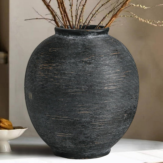 Black Ceramic Flower Vase Home Decor, Large Round Farmhouse Table Vases Rustic Vintage Living Room Entrway Kitchen Bedroom Decorations，Minimalist Hand-Made Textured Vase (9.8” H Black Bronze)