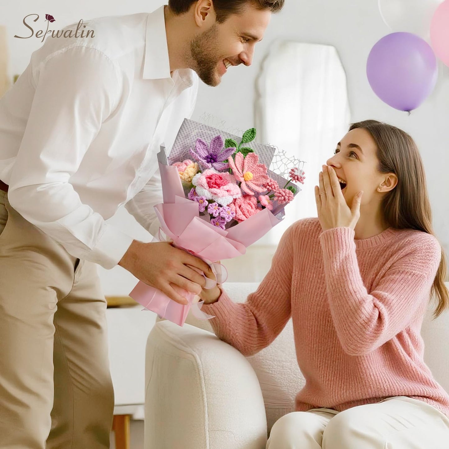 Serwalin Crochet Flower Bouquet,Pink Knitted Flowers,Roses Crochet Flowers for Mother’s Day Lover Wedding Anniversary Birthday Valentine Day Back-to-School or Graduation Ceremonies Gift (with Card)