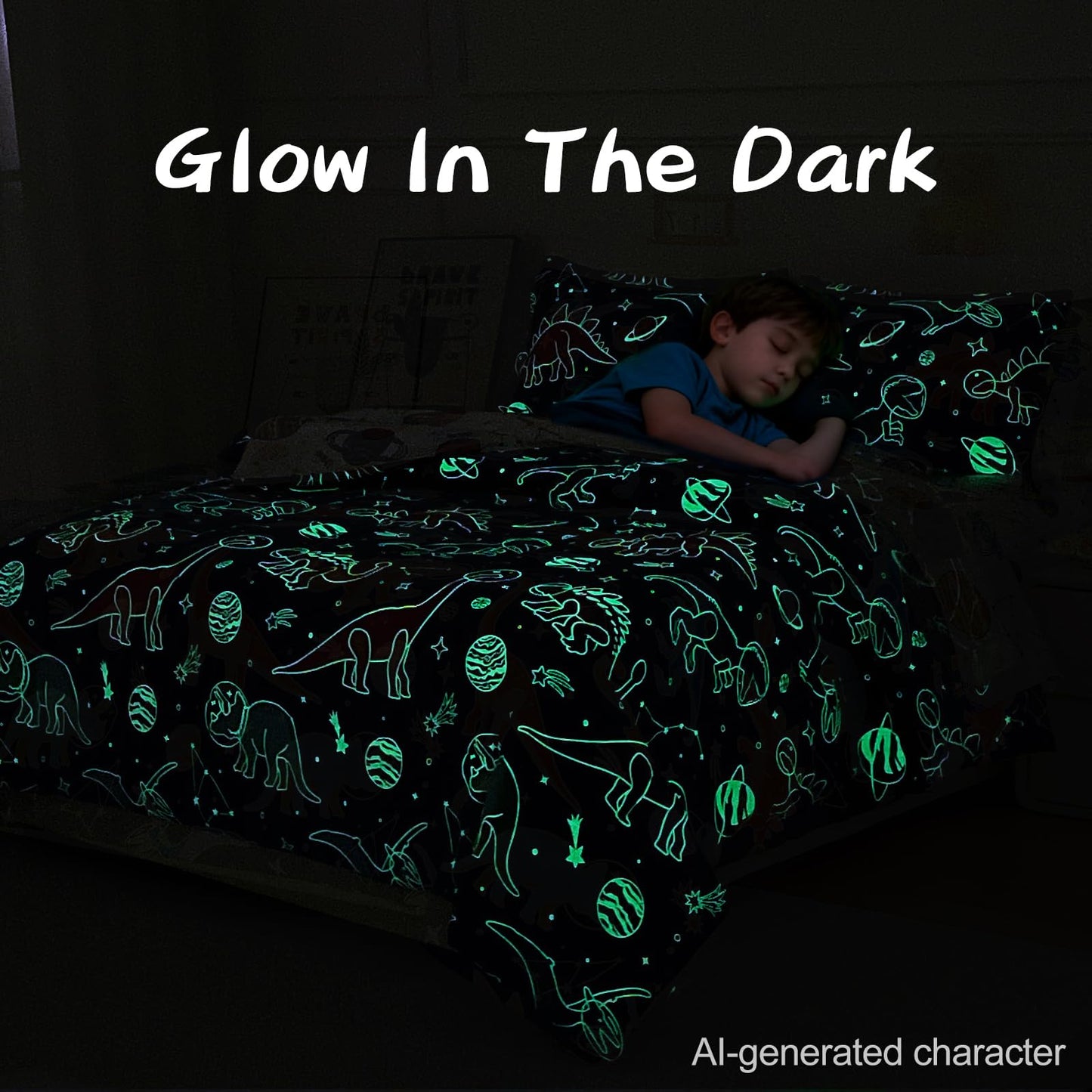 A Nice Night 5pc Glow in The Dark Kids Comforter Set,Dinosaur Galaxy Printed, Space Bedding Set Full Size for Boys Girls Teen
