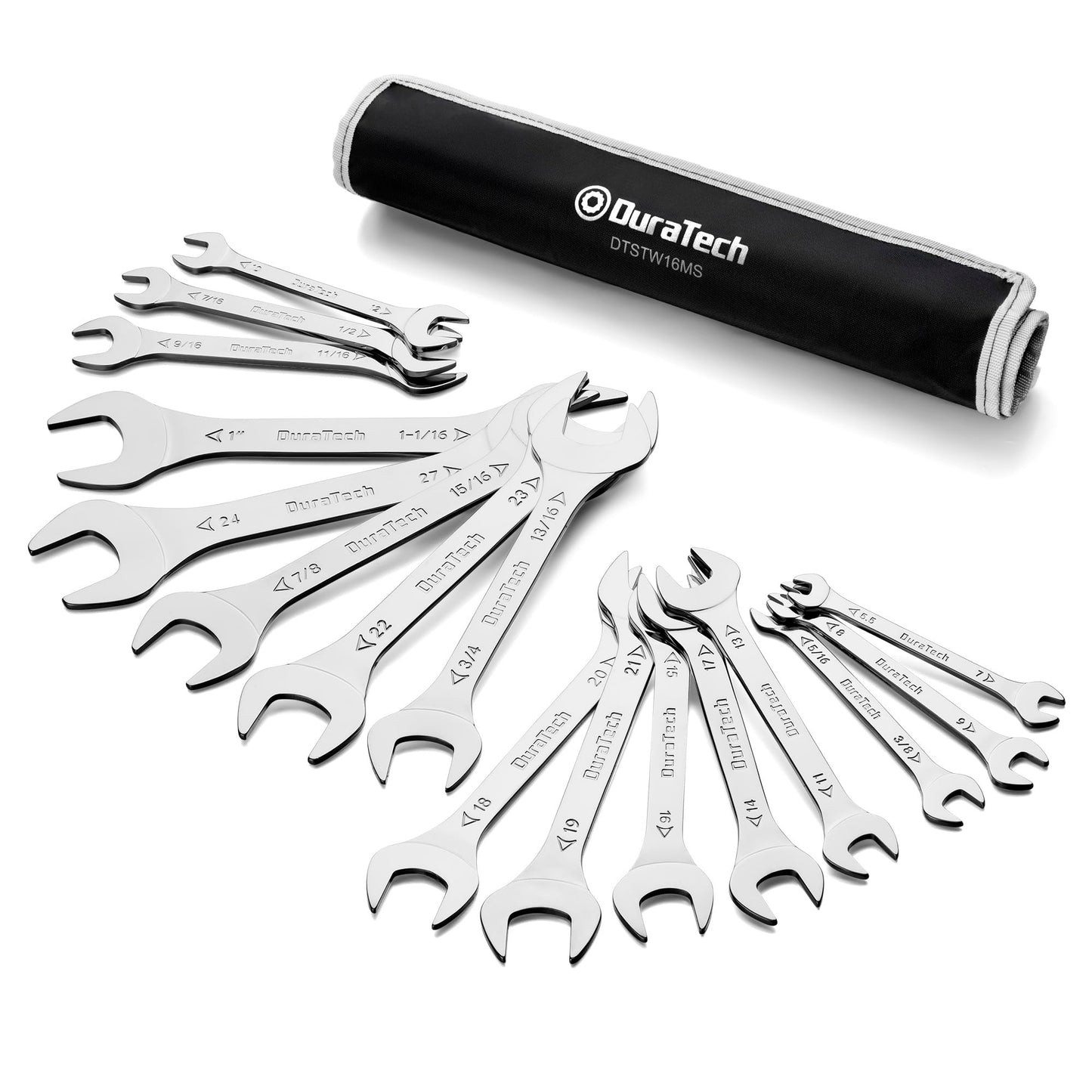 DURATECH Super-thin Open End Wrench Set, SAE and Metric (from 5/16" to 1-1/16", 5.5mm to 27mm), 16-Piece, Slim Spanner Wrench Set with Rolling Pouch