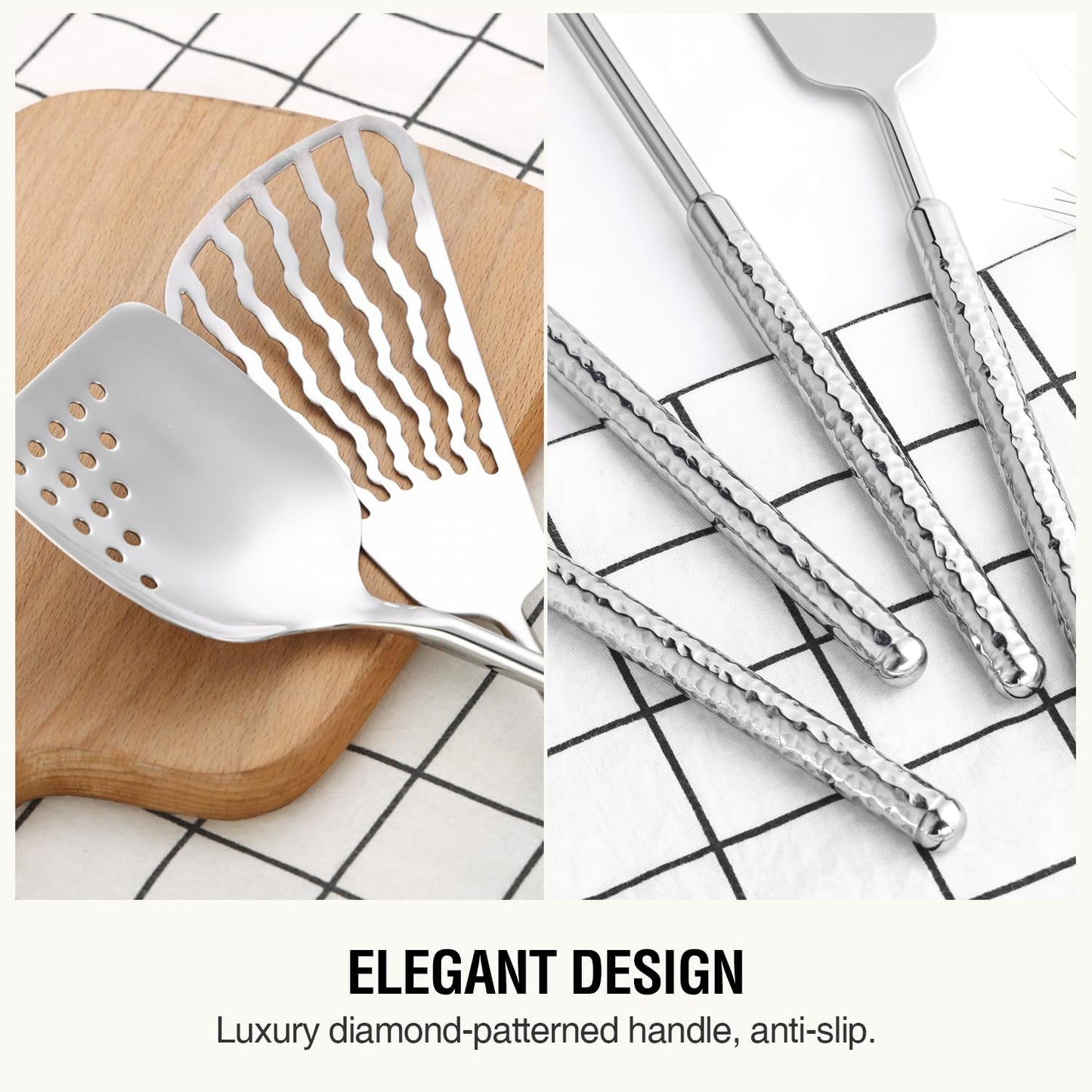 304 Stainless Steel Cooking Utensils Set, HIFIND 8PCS Kitchen Utensils Set, Luxury Kitchen Utensils, Deep Ladle, Skimmer, Slotted Spatula, Fish Spatula, Serving Spoon, Whisk, Bread Knife, Cake Server