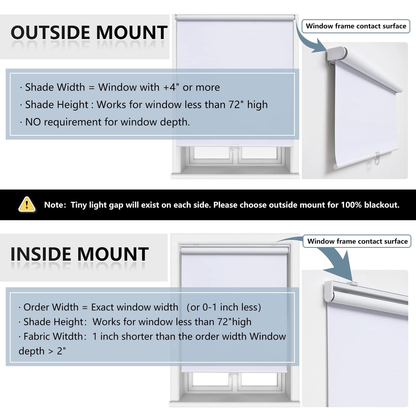 AOSKY Cordless Roller Shades Blackout Blinds for Windows Room Darkening Rolled Up Shades with Spring System, UV Protection Window Shades Door Blinds for Home and Office (46" W x 72" H, White)
