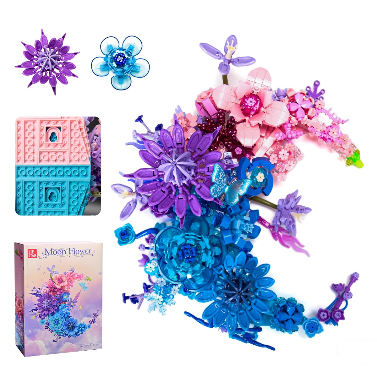 Moon Eternal Flower Decoration Building Set for Adults, 977 Pcs Micro-Particle Crescent-Shaped Artificial Flowers Building Blocks with Built-in Wall-Mounting Holes for Easy Wall Display (JJ9163)