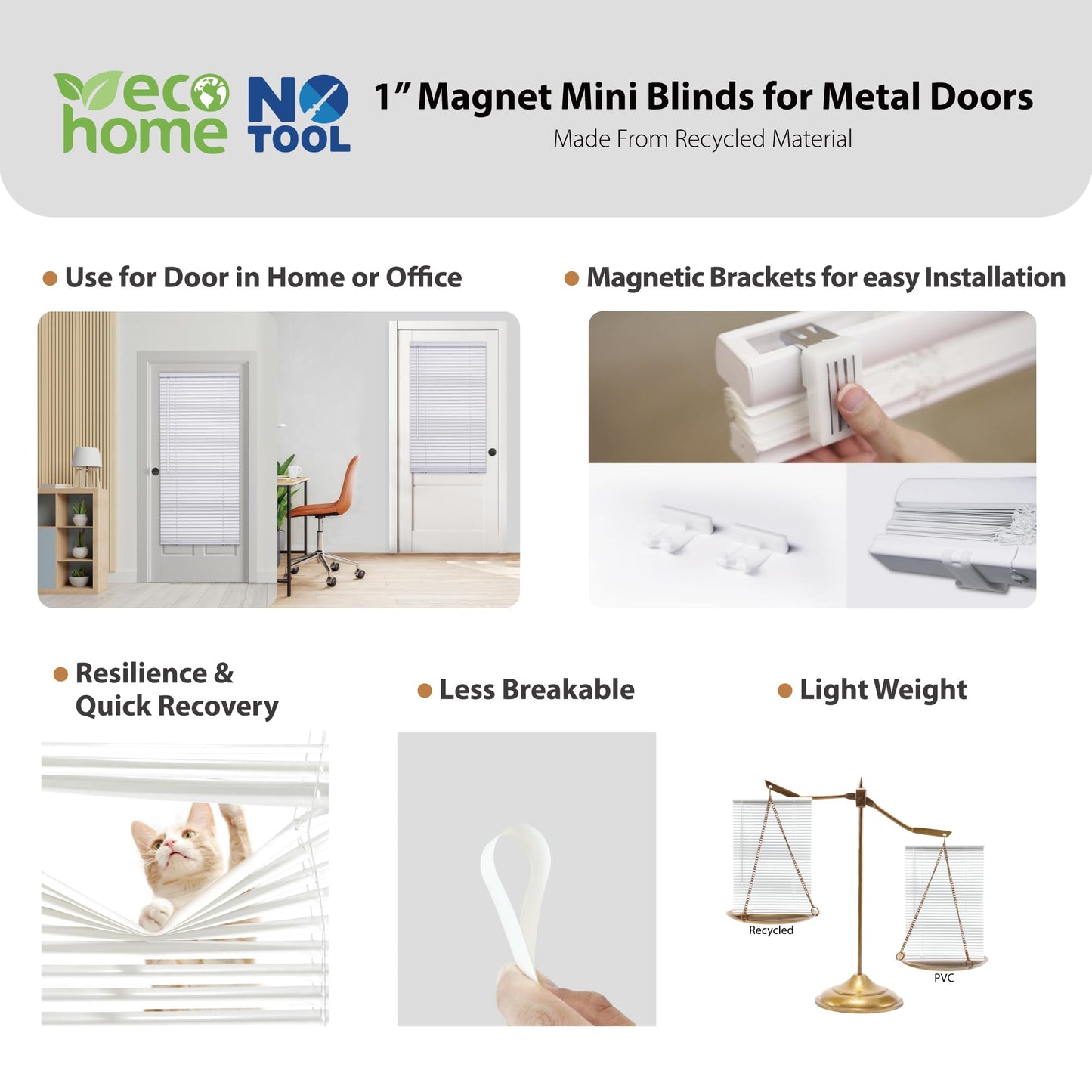 DEZ FURNISHINGS Cordless No Tools 1" Magnet Mini Blinds for Metal Doors, Room Darkening, 25" W x 42" H, White