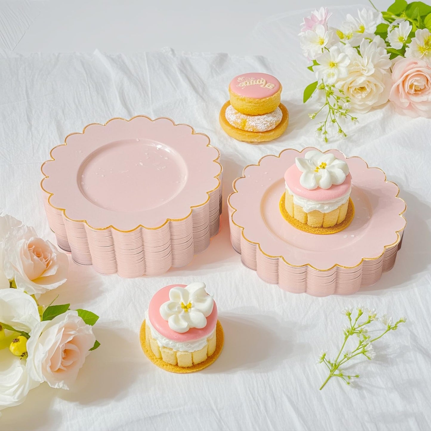 LIYH 100 Pcs 7.5" Pink Plastic Plates with Gold Disposable Pink Dessert Plates Gold Plastic Plate,Baby Shower Plate Set Suitable for Weddings Bridal Showers Afternoon Tea