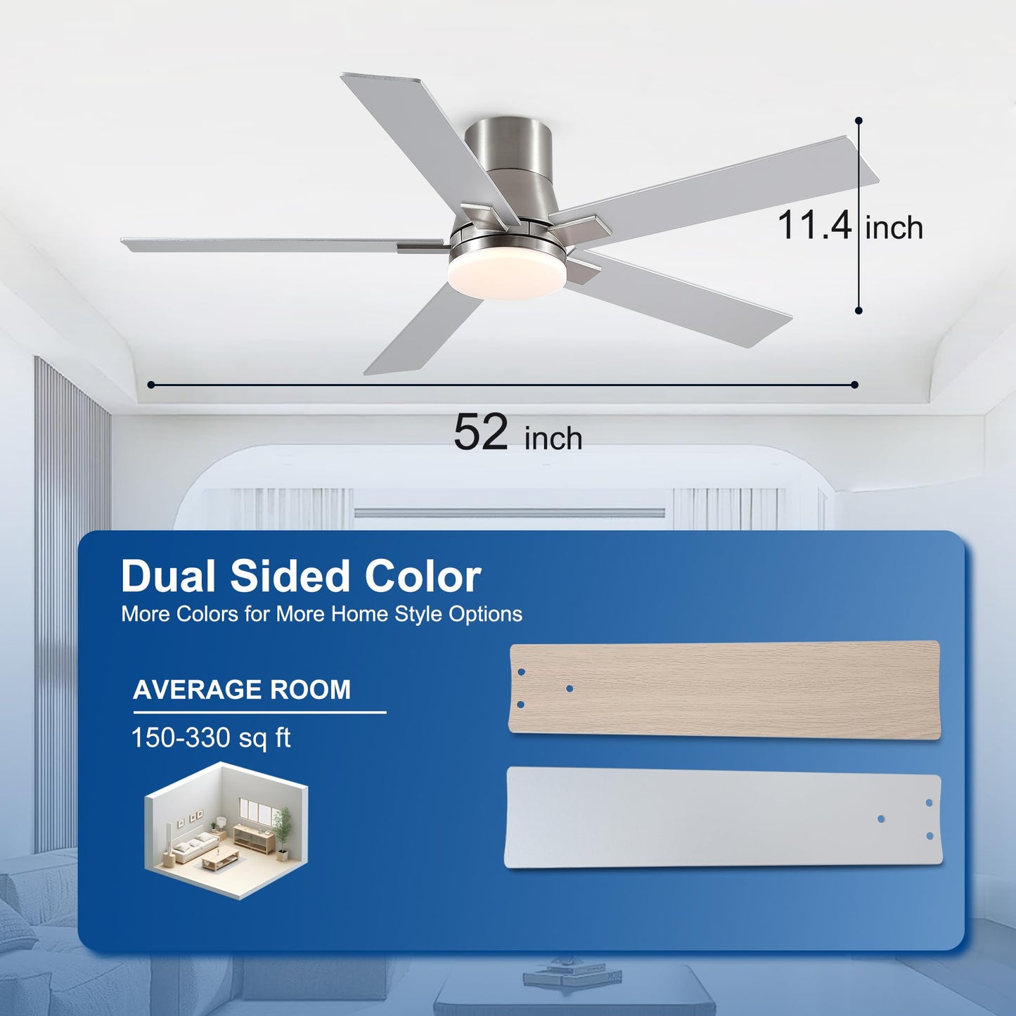 52 Inch Ceiling Fans with Lights and Remote,Flush Mount Brushed Nickel Ceiling Fan,6 Speed Reversible DC Motor, 3CCT Dimmable LED-Low Profile Design for Bedroom, Living room & Covered Outdoor
