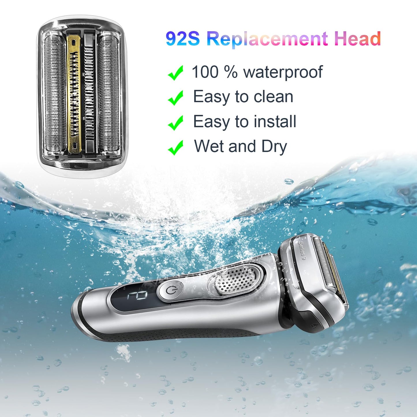 2PCS 92S Series 9 Replacement Head for Braun Series 9 Foil Shaver Replacement Heads for Braun Series 9 Replacement Blades 9290cc, 9291cc, 9370cc, 9293s, 9385cc, 9390cc, 9330s, 9296cc Foil Shaver