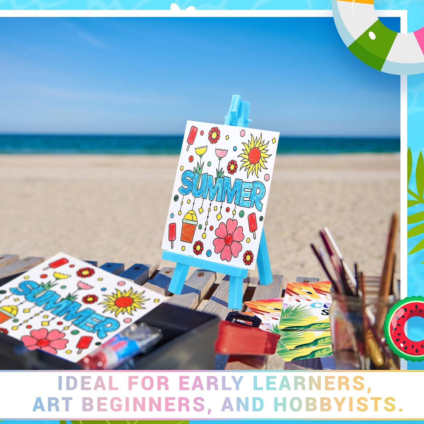 AmazingSpark 12 Set Mini Summer Party Watercolor Paint Set Mini Canvas Acrylic Painting Kit with Cards, Plastic Easel, Canvases, Paint Kit Art Party Favors Classroom Prize School Year Gifts