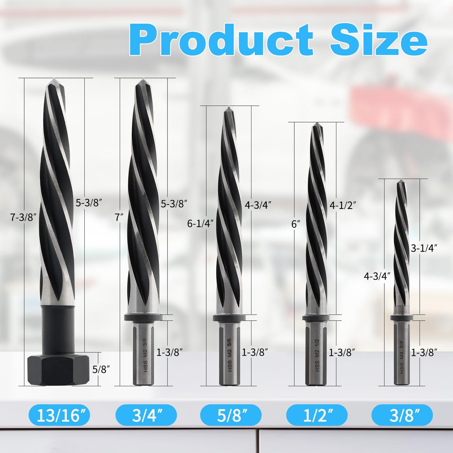 Rocaris 5 Pcs M2 HSS Taper Chucking Reamer Drill Bit, 3/8", 1/2", 5/8", 3/4", 13/16", Taper Reamer Drill Bit for Steel, Alloy, Aluminum, Wood, Plastic