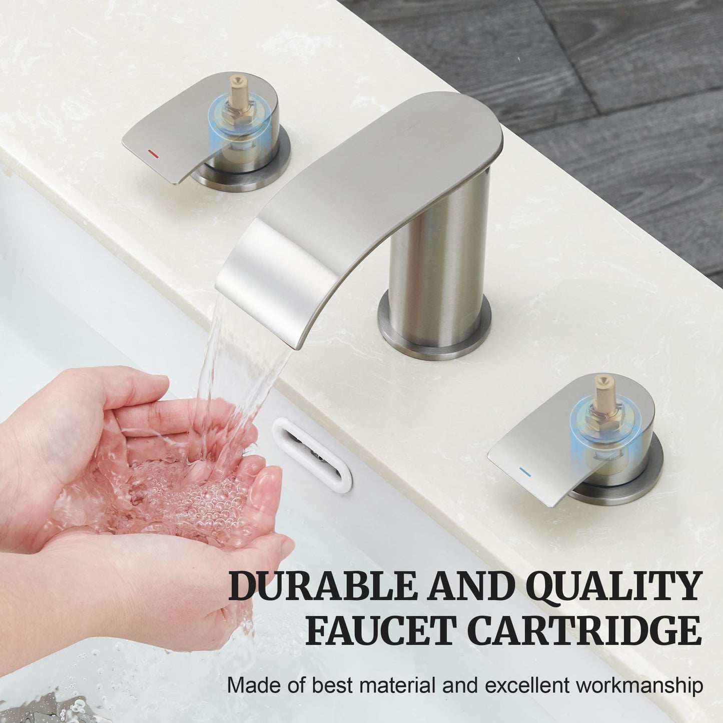 Ultimate Unicorn 8 inch Bathroom Faucet Brushed Nickel, Waterfall Bathroom Faucet with Metal Pop-up Sink Drain Stopper and 2 Supply Hoses,2 Handle Widespread Faucets for Vanity Sink 3 Holes