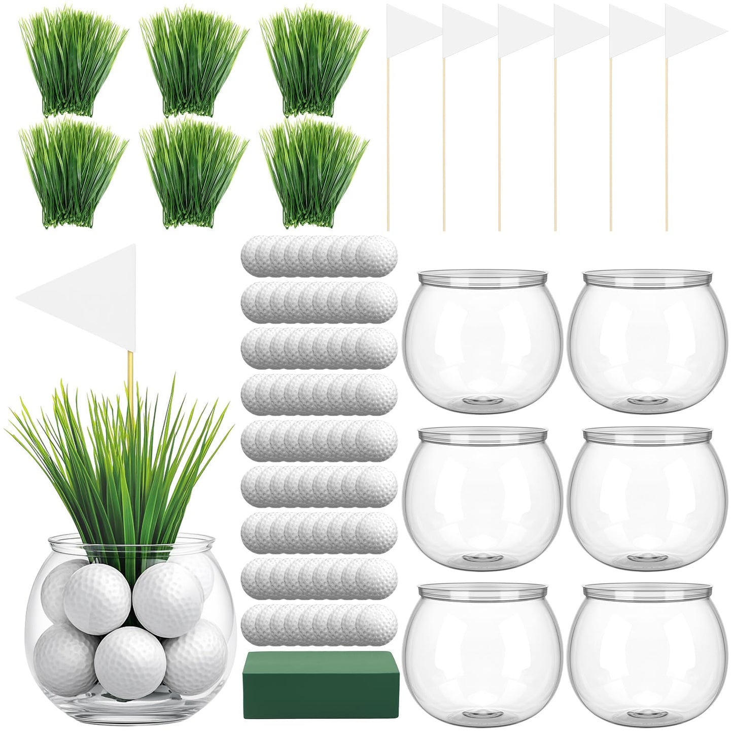 LemonRoad 6 Set Golf Party Centerpieces Table Decorations with Hollow Plastic Ball Artificial Grass Flag Flower Mud Sport Centerpiece Table Toppers for Golf Birthday Party Baby Shower Supplies