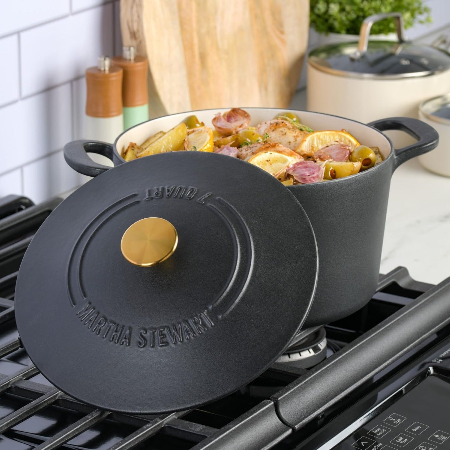 MARTHA STEWART Gatwick 7-Quart Enamel Cast Iron Dutch Oven Pot with Lid – Matte Black – Durable Heavy-Duty Dutch Oven for Slow Cooking, Braising & Baking
