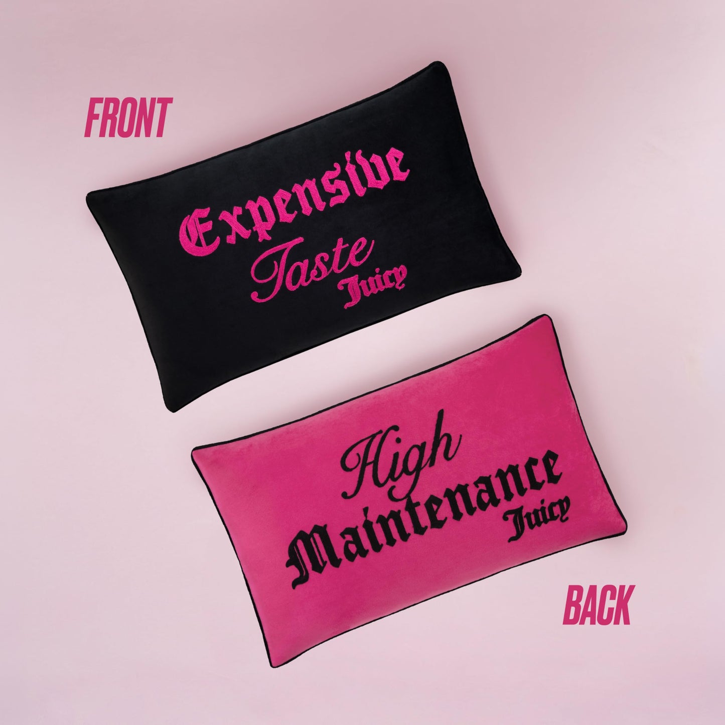 Juicy Couture High Maintenance/Expensive Taste Reversible 14" x 24" Decorative Pillow, Hot Pink/Black