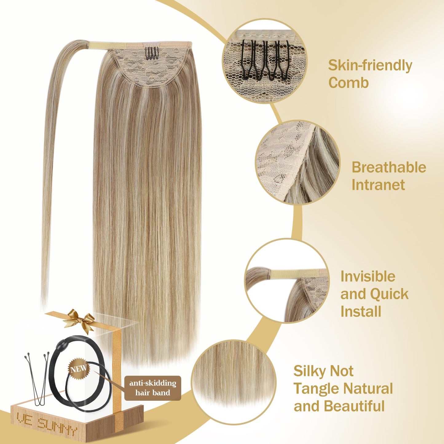 Ve Sunny Ponytail Extension Human Hair Blonde Hair Extensions Ponytail Light Blonde Mix Golden Blonde Highlights Real Hair Ponytail Extension Short Ponytail Extension Highlights 80g 14inch
