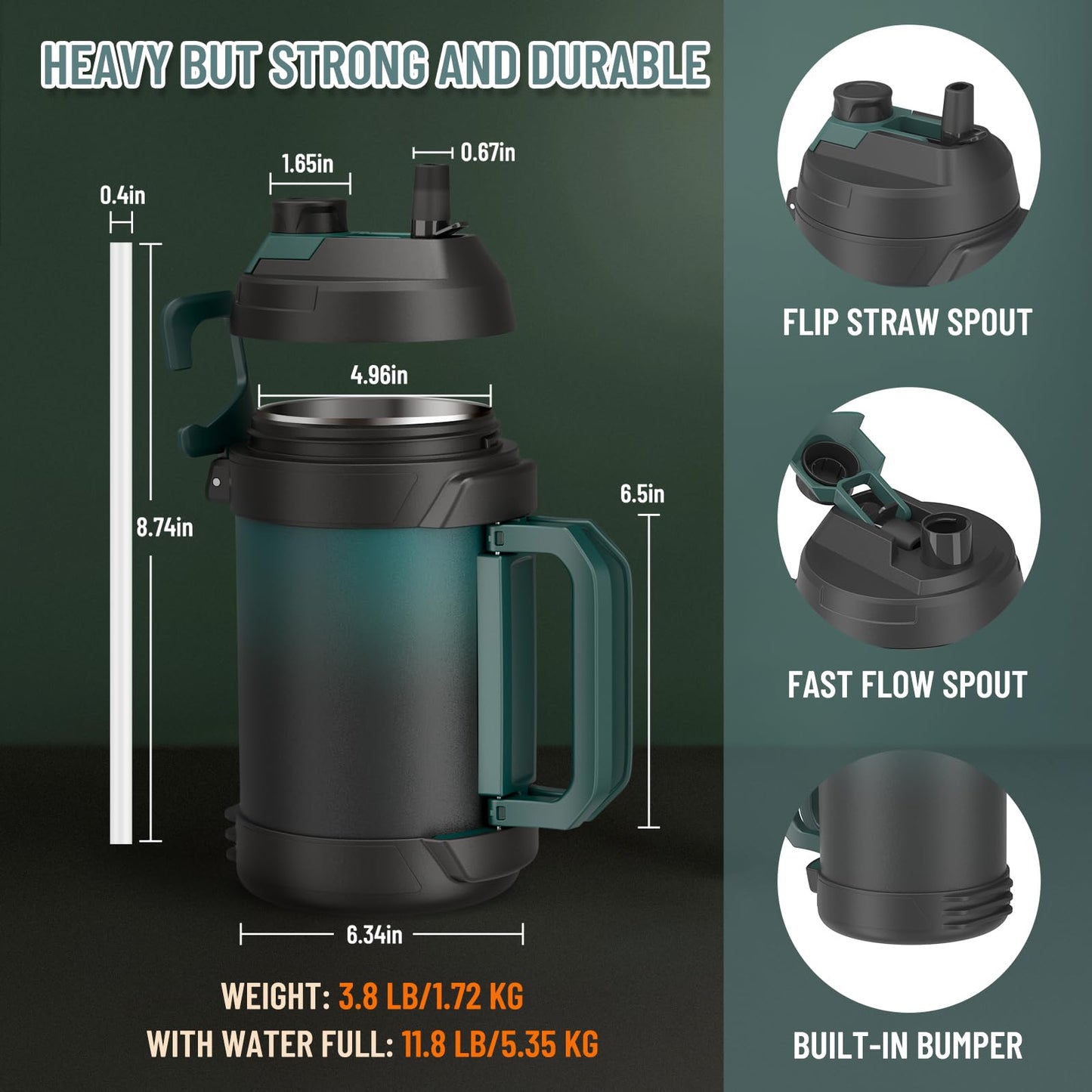 Zukro 1 Gallon Water Jug, One Gallon Large Triple Wall Insulated Water Bottle With Straw and Spout, Keep Cold 48 Hours, No Sweat 128 oz Stainless Steel Sport Jug For Gym, Camping, Outdoors, Green