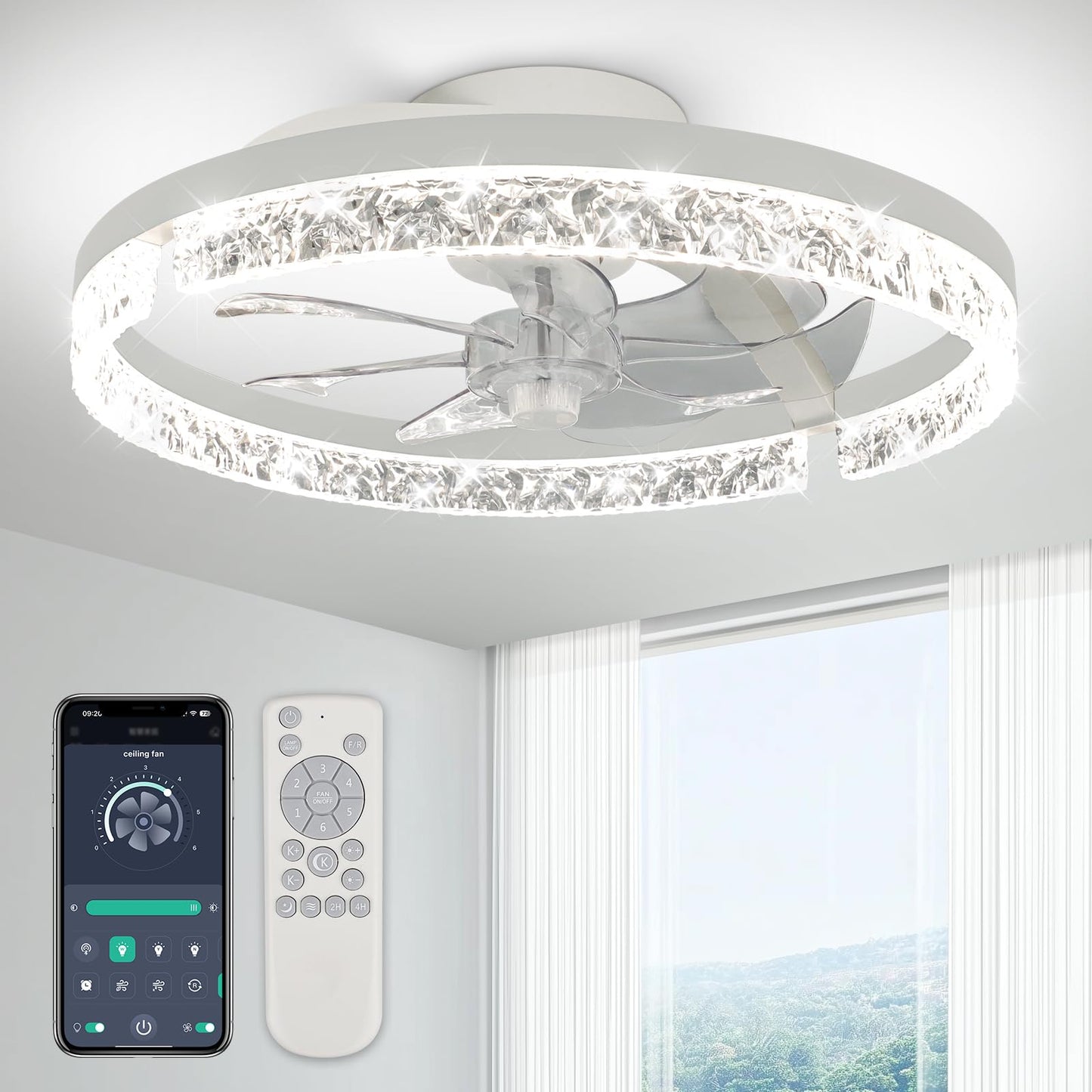 Ceiling Fans with Lights，18" Low Profile Ceiling Fan with APP and Remote Control, 3000-6000K & Brightness Dimmable Fandelier Flush Mount LED Fan Light For bedroom,office Living room- Diamond White