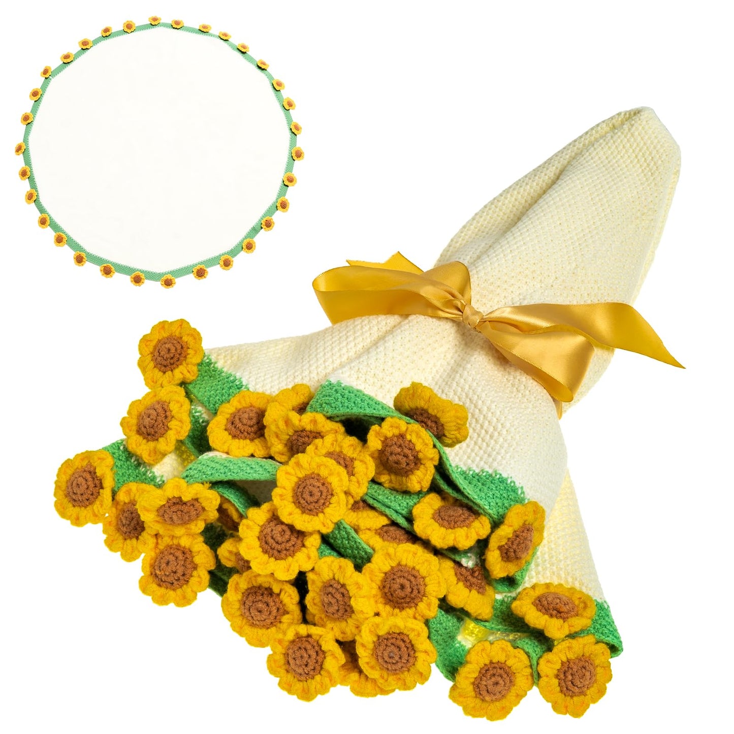 EIGHTOWN 43'' Crochet Sunflowers Rose Bouquet Blanket Finished - Handmade Knitted Throw Blanket - Home Décor Ideal Gift for Mom - Mother's Day Birthday Valentine's Day (Sunflower)