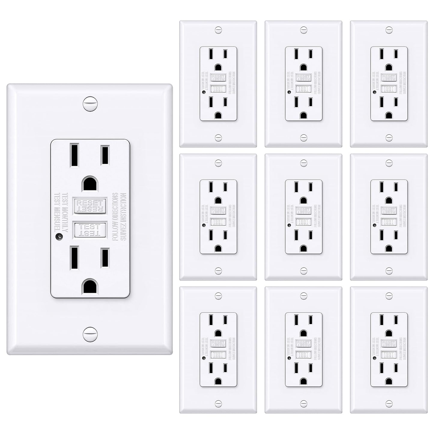 BESTTEN GFCI Outlet 15 Amp, GFI Receptacle Outlet with LED Indicator, Ground Fault Circuit Interrupter, Non-Tamper-Resistant, Wallplate Included, ETL Certified, 10 Pack, White